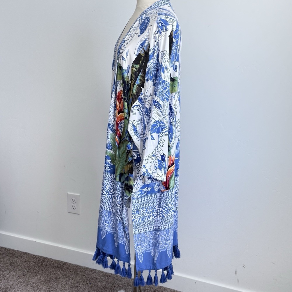 Chicos Kimono Duster Womens Blue Tassels Boho Beach Resort Bold Coastal Tropical - Picture 3 of 10